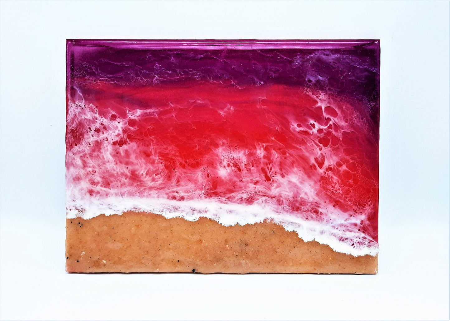 Handpainted Eco-Friendly Epoxy Resin Seascape Coastal Beach Scene, Purples and Pinks, Made w/ Real Sand, Painted on 8" x 6" Wood