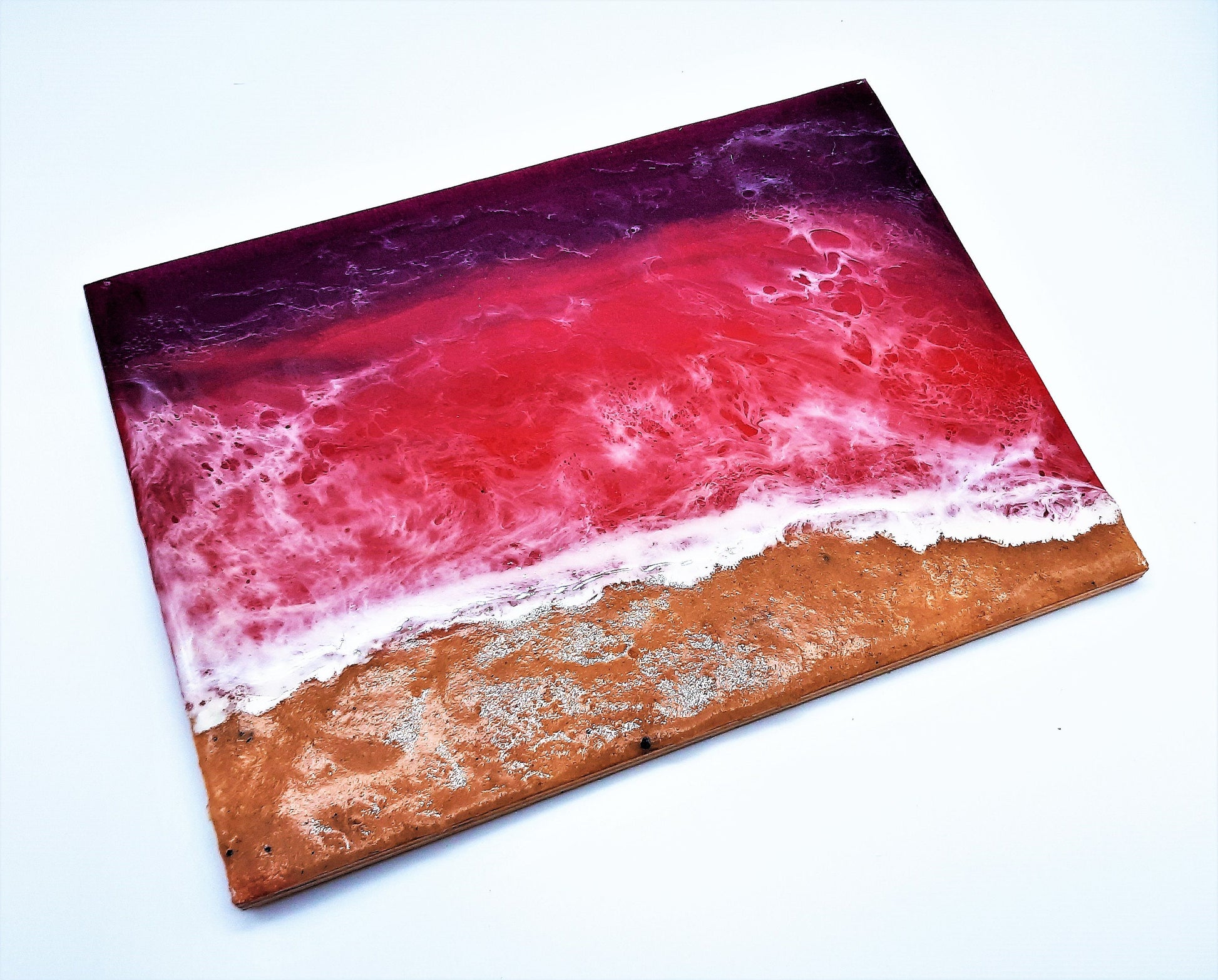 Handpainted Eco-Friendly Epoxy Resin Seascape Coastal Beach Scene, Purples and Pinks, Made w/ Real Sand, Painted on 8" x 6" Wood