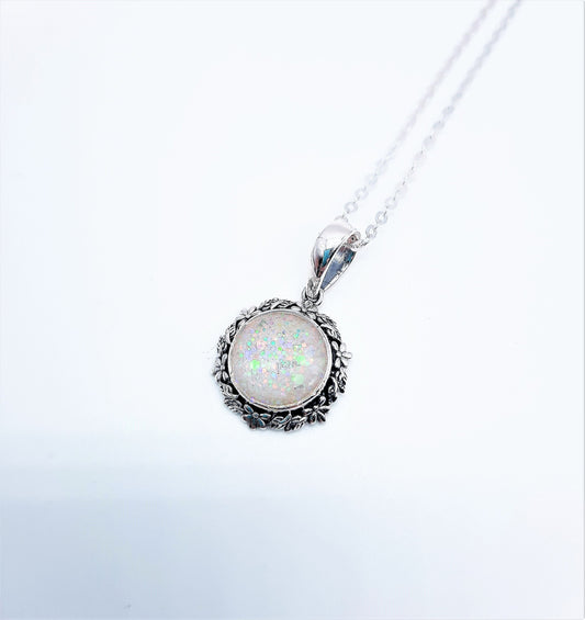 Handcrafted Iridescent White Opal (like) Sparkle Resin Pendant Necklace - Flower and Leaf Design - Made with 925 Sterling Silver