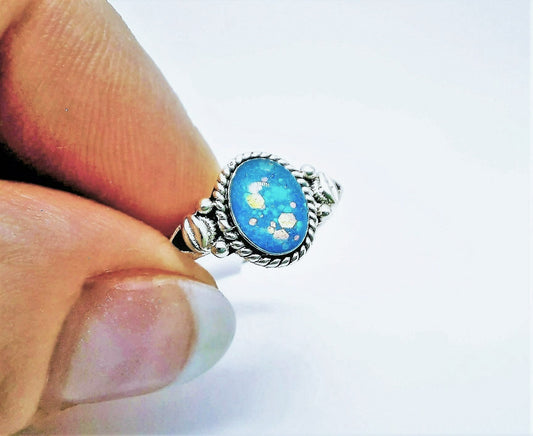 Handcrafted / Handmade Antiqued 925 Sterling Silver Ring, Made with Iridescent Teal Blue Resin, Mica, and Holographic Powder