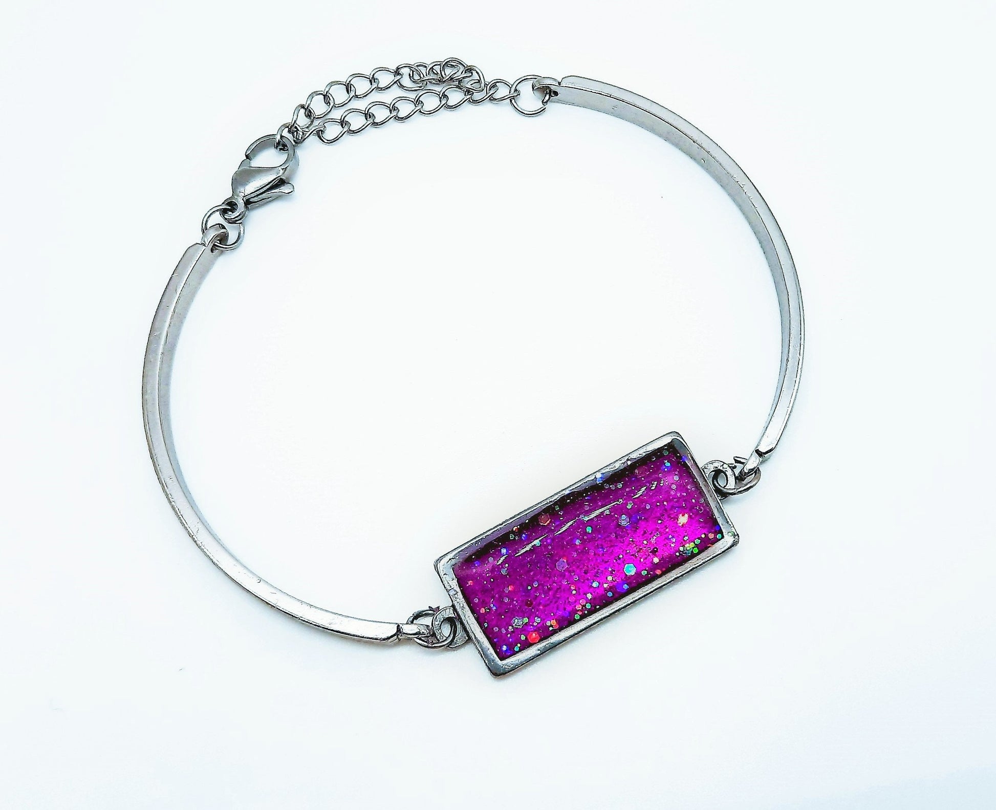 Handcrafted Iridescent Purple Rectangle Adjustable Bangle Bracelet - Made with Resin, Glitter, & Holographic Powder - Hypoallergenic