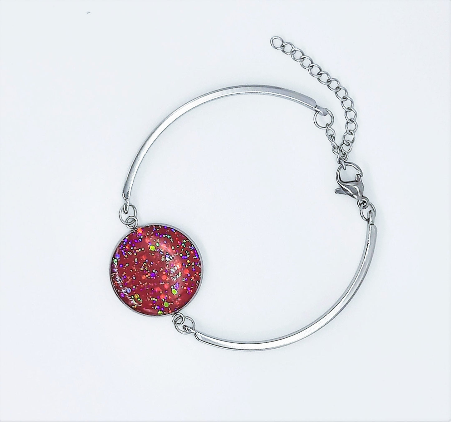 Red Sparkle Resin Bangle Bracelet / Adjustable / Made with Resin, Mica, Glitter, and Hypoallergenic Stainless Steel