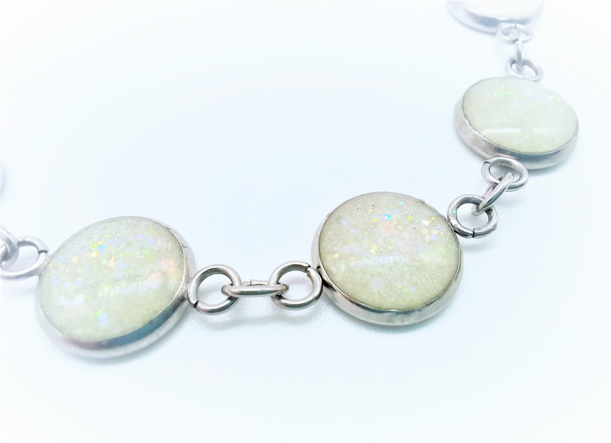 Handcrafted / Handmade Opal (like) Sparkle Resin Link Bracelet - Made with Resin, Mica, Iridescent Glitter, & Holographic Powder