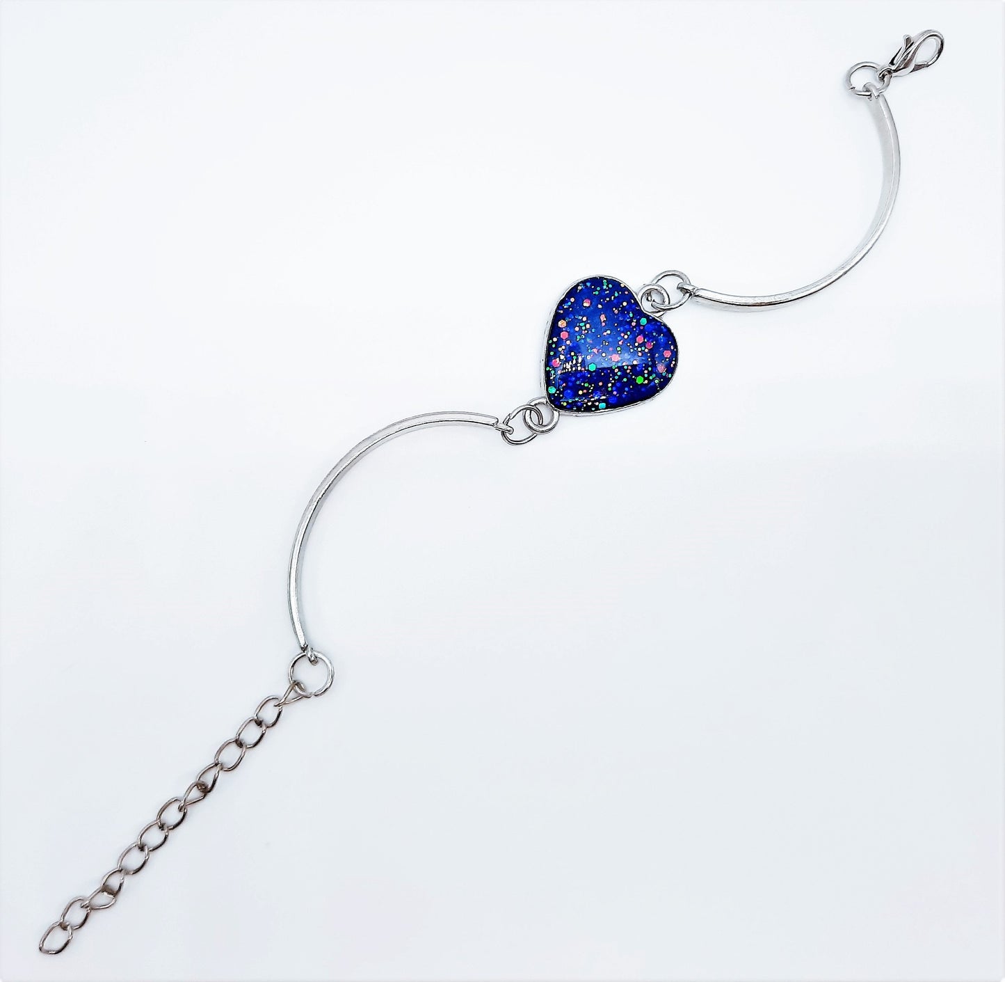 Handcrafted Iridescent Blue Heart Adjustable Bangle Bracelet-Made with Resin, Glitter, & Holographic Powder-Hypoallergenic Stainless Steel