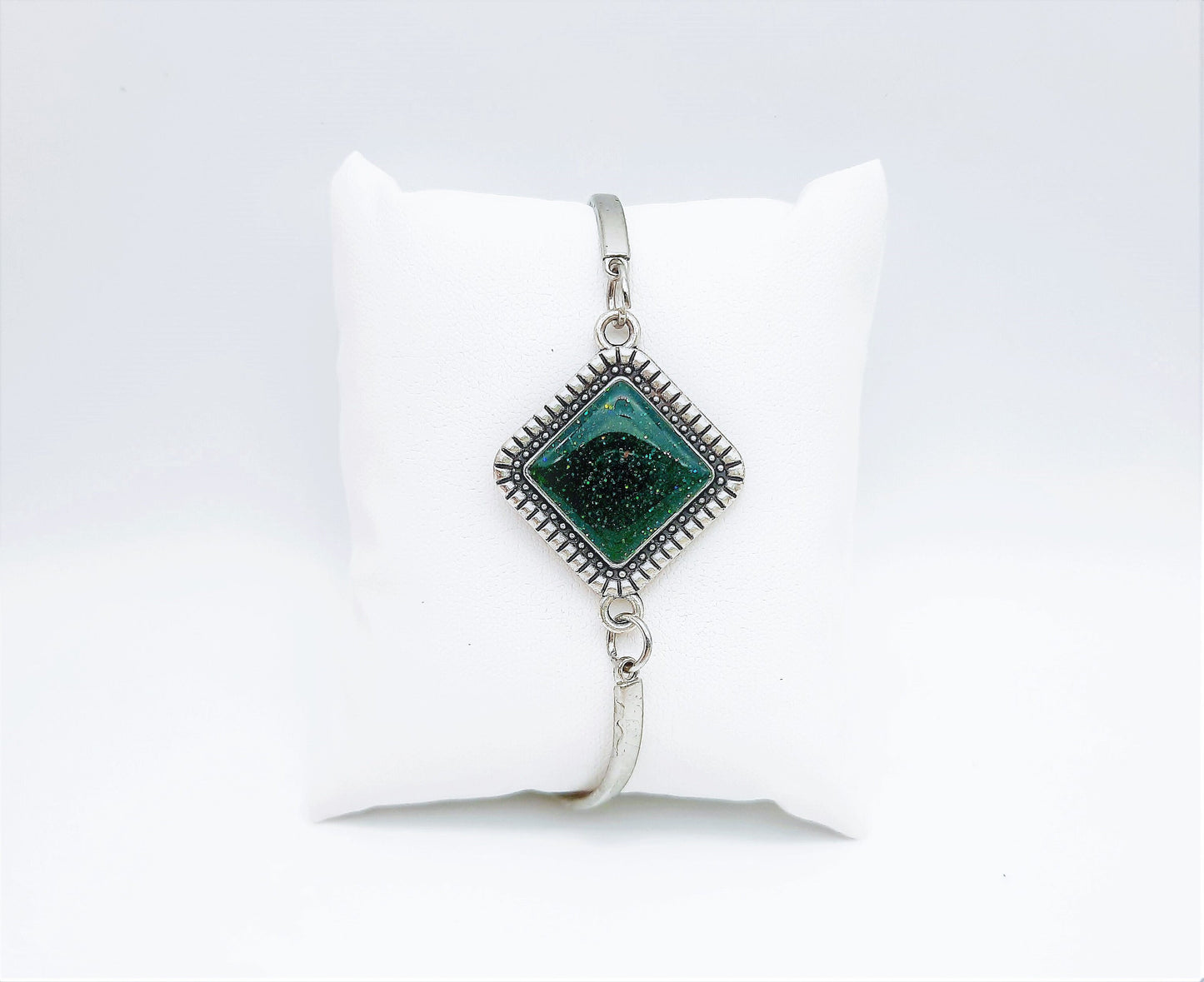 Handcrafted Iridescent Green Square / Diamond Adjustable Bangle Bracelet - Made with Resin, Glitter, & Holographic Powder - Hypoallergenic
