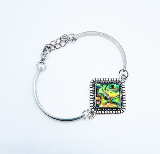 Square / Diamond Shaped Abalone Shell Stainless Steel Adjustable Bangle Bracelet Made with Holographic Powder Infused Resin - Hypoallergenic