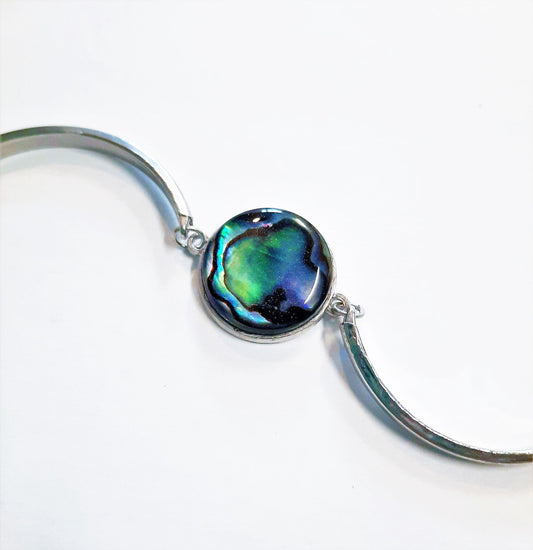 Abalone Seashell Stainless Steel Adjustable Bangle Bracelet Made with Holographic Powder Infused Resin - Hypoallergenic
