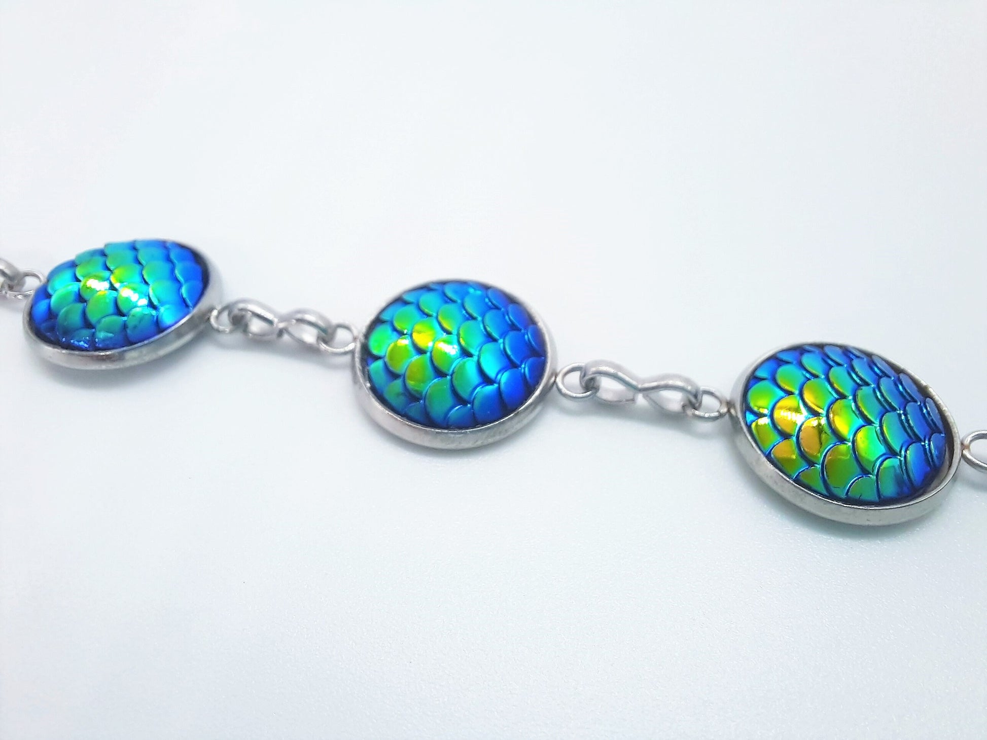 Handcrafted Blue - Green Iridescent Mermaid Scale Link Bracelet - Hypoallergenic Silver Stainless Steel - Adjustable - Lobster Claw Closure