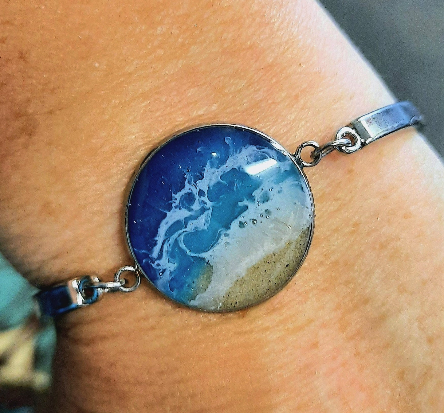 Resin Waves Ocean Bracelet / Beach Scene, Silver Stainless Steel, Adjustable Bracelet Made with Real Sand, Resin, & Mica - NOT A PHOTOGRAPH!