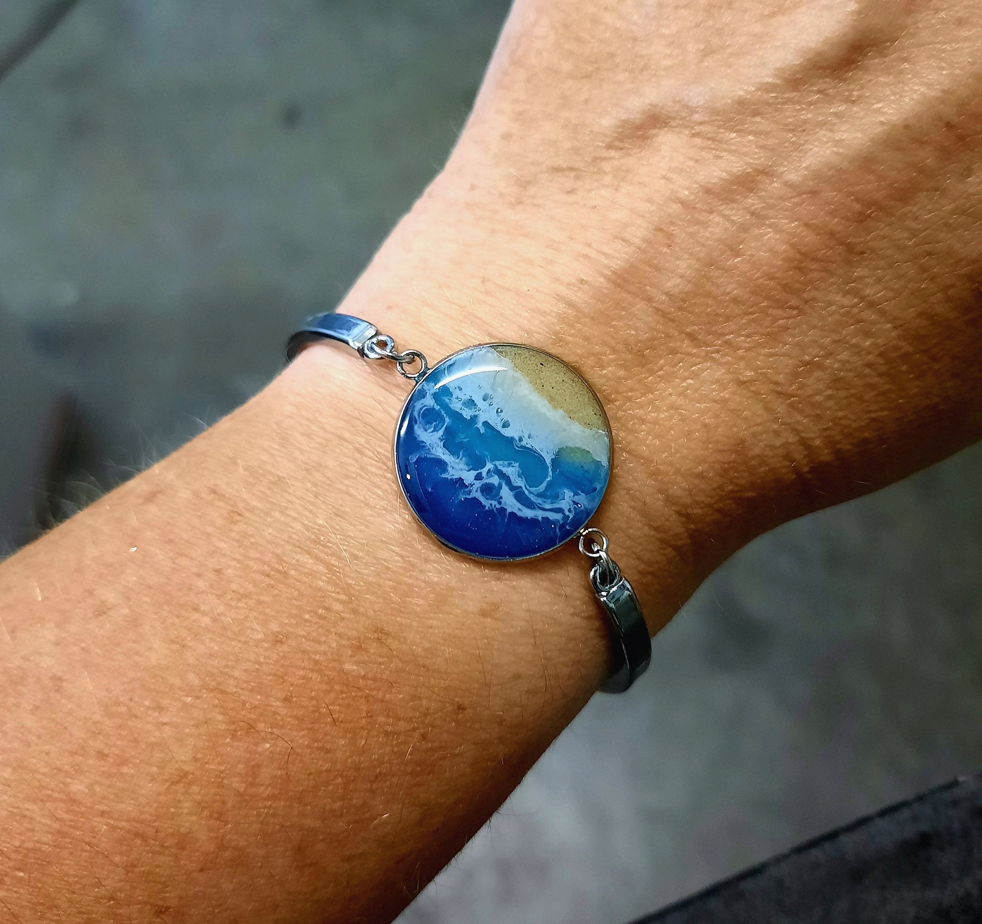 Resin Waves Ocean Bracelet / Beach Scene, Silver Stainless Steel, Adjustable Bracelet Made with Real Sand, Resin, & Mica - NOT A PHOTOGRAPH!