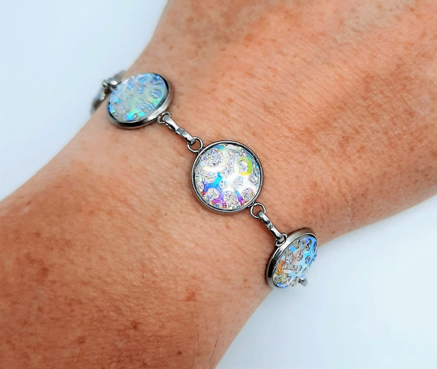 Handcrafted Iridescent White Resin Link Bracelet - Hypoallergenic Silver Stainless Steel - Adjustable Fit - Lobster Claw Closure