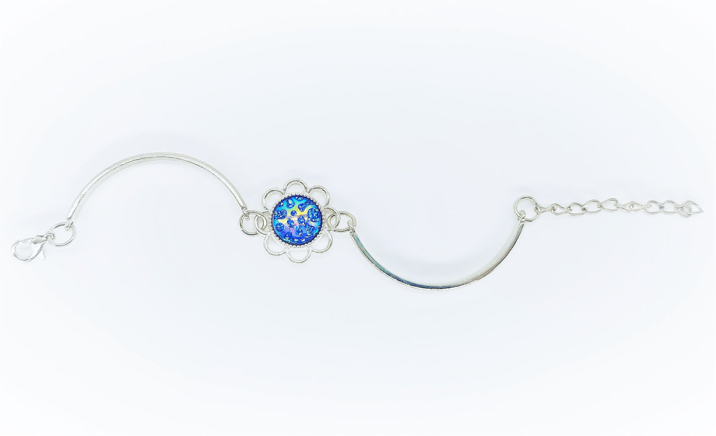 Handcrafted Flower Power Iridescent Blue Resin Stainless Steel Adjustable Bangle Bracelet - Hypoallergenic