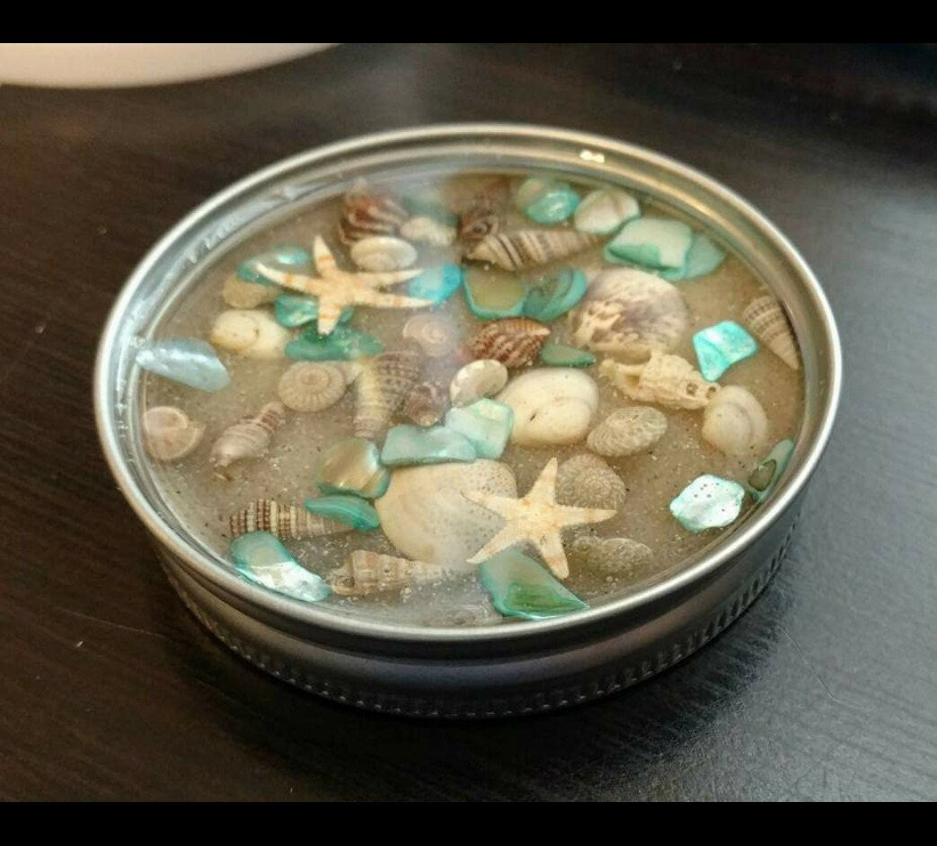 Eco-Friendly Resin Seashell Mason Jar Lid Coasters (Set of 4), Mica Powder, Starfish, Sand Dollar, Abalone, Sea Shells, & Real Sand