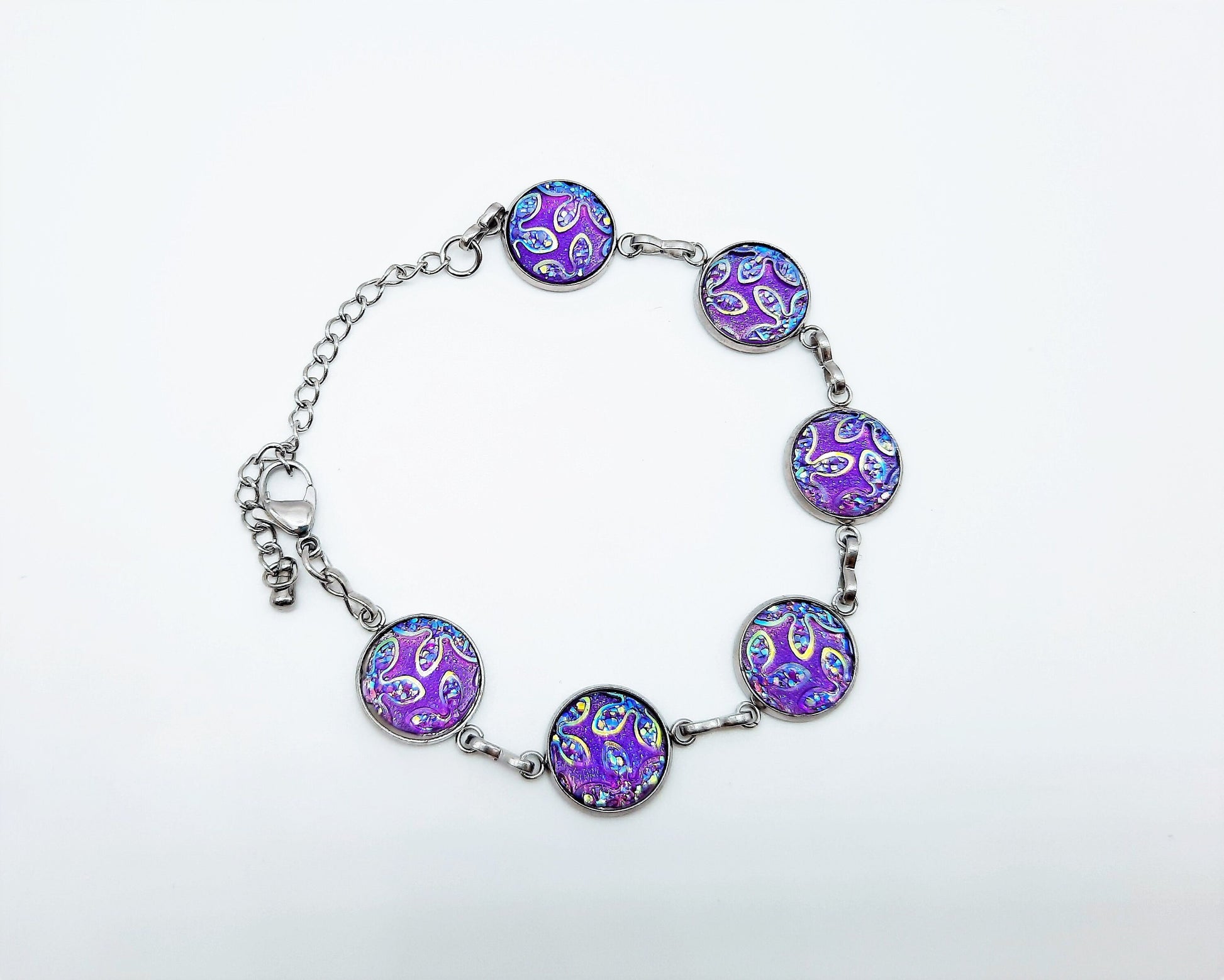 Handcrafted Purple Iridescent Resin Link Bracelet - Hypoallergenic Silver Stainless Steel - Adjustable Fit - Lobster Claw Closure