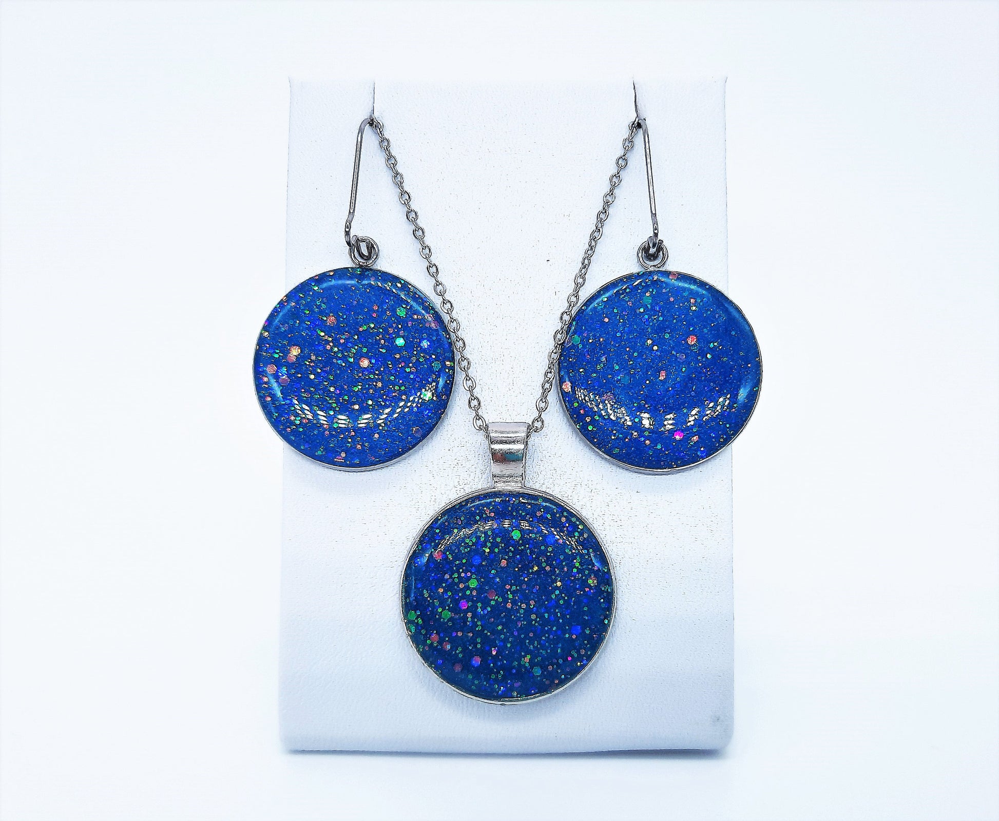 Blue Sparkle Resin Necklace, Earrings, and Bracelet Set - Resin, Mica, Glitter, Glow-in-the-Dark Pigment, Stainless Steel