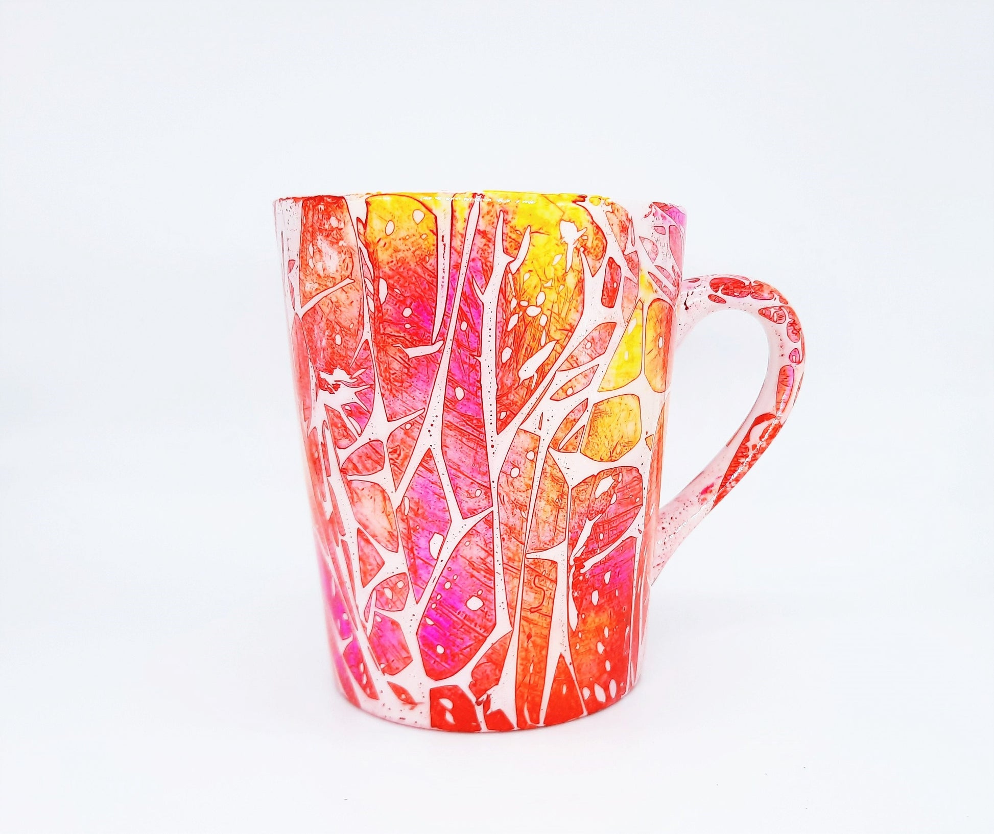Pink and Yellow Abstract Alcohol Ink 12 oz Ceramic Coffee Mug, Handpainted and Sealed with Resin, One of a Kind, Unique