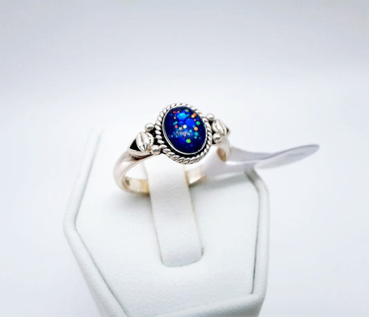 Handcrafted / Handmade Antiqued 925 Sterling Silver Ring, Made with Iridescent Dark Blue Resin, Mica, and Holographic Powder