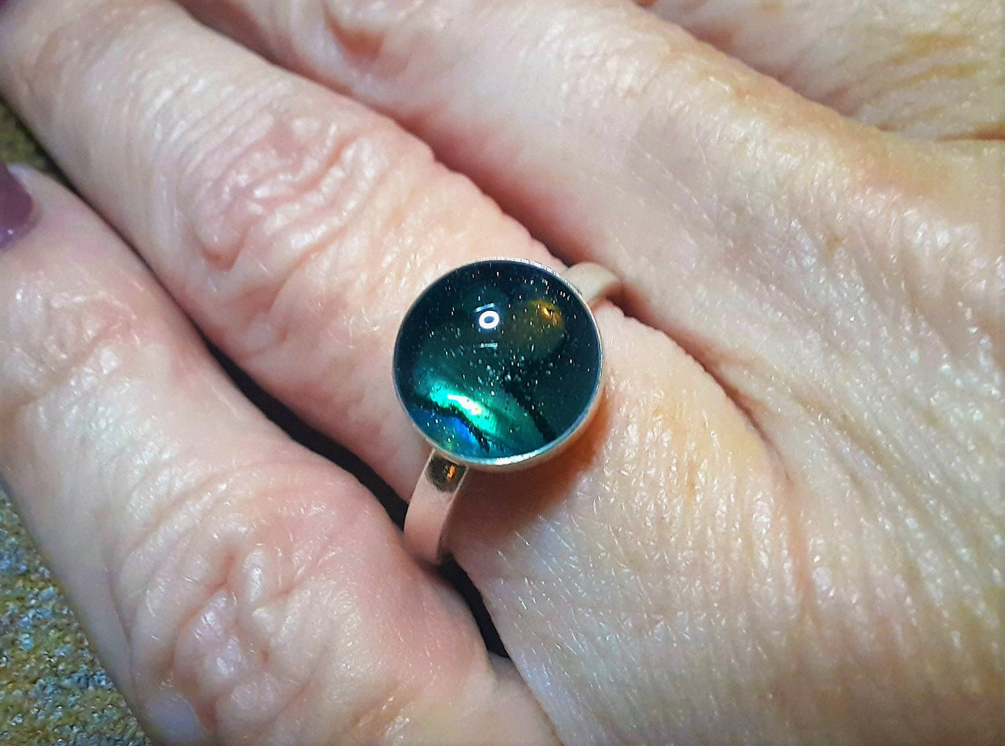 Handmade / Handcrafted 925 Sterling Silver Natural Abalone / Paua Seashell Ring, Sealed with Holographic Mica Infused Resin