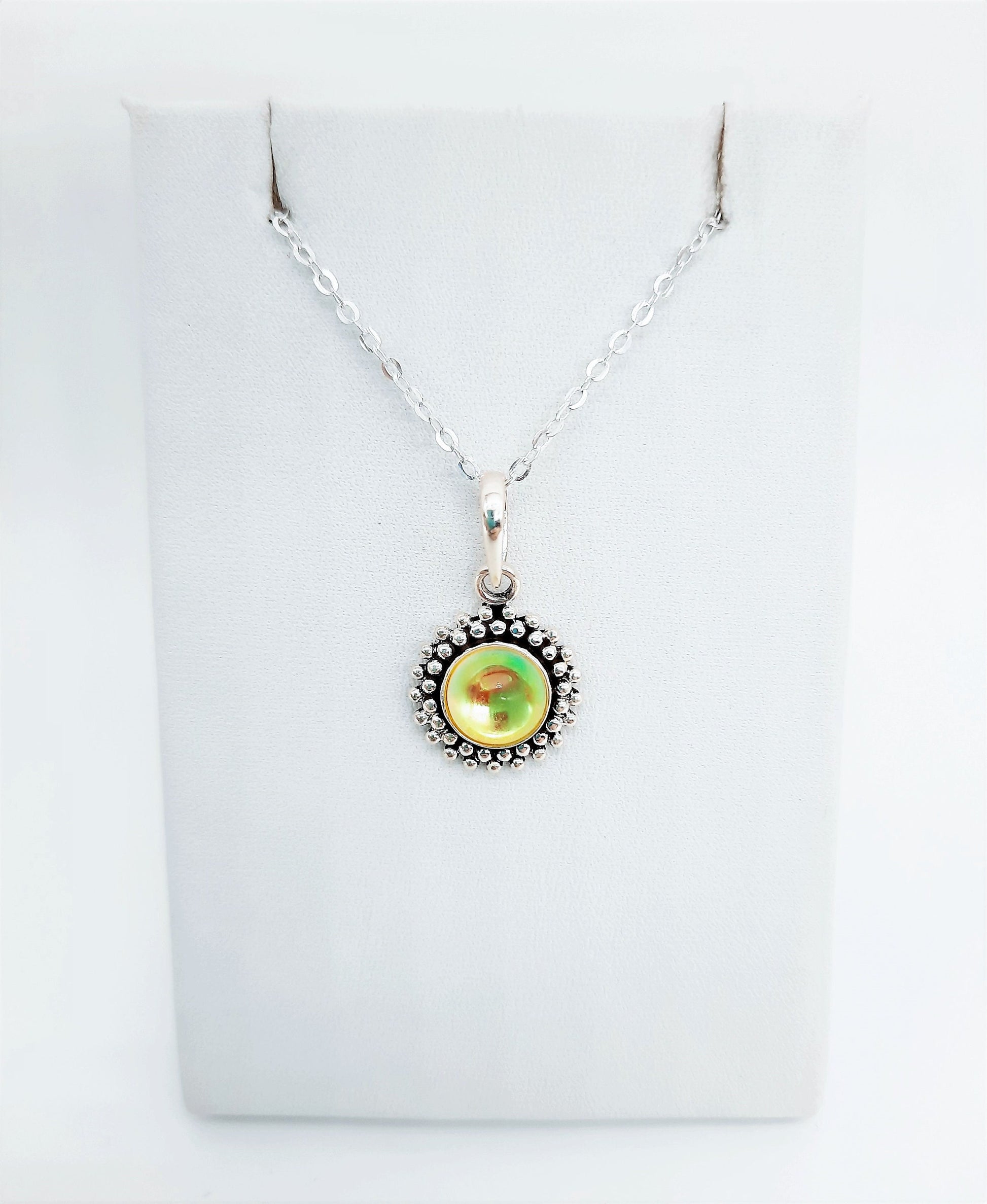 Antiqued Double Sunburst Design 925 Sterling Silver Pendant Necklace with 8mm Translucent Mirror Ball Yellow Glass Cabochon Setting