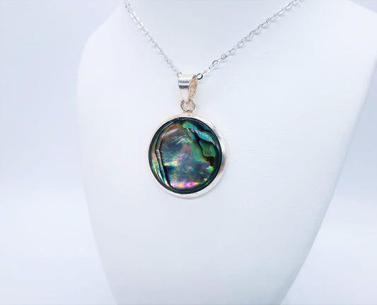 Handmade / Handcrafted 925 Sterling Silver Natural Abalone / Paua Seashell Necklace, Sealed with Holographic Mica Infused Resin