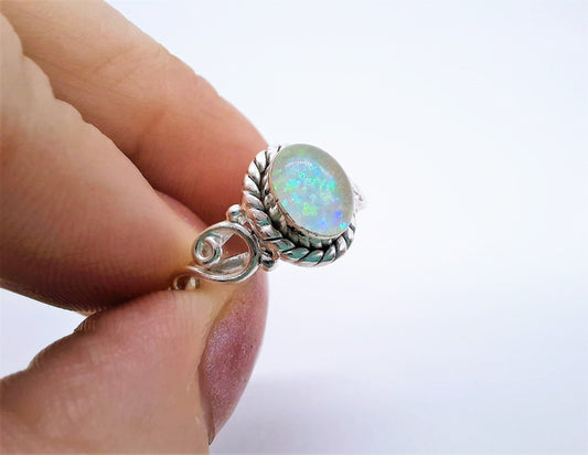 Handcrafted / Handmade Antiqued 925 Sterling Silver Ring, Genuine White Opal Setting, Domed with Holographic Resin
