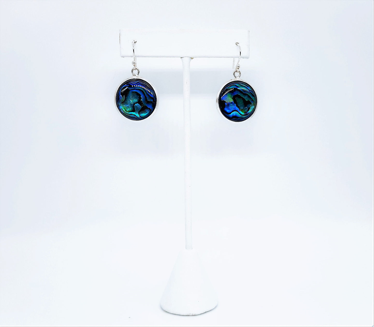 Handmade / Handcrafted 925 Sterling Silver Natural Blue Abalone / Paua Seashell Earrings, Sealed with Holographic Mica Infused Resin