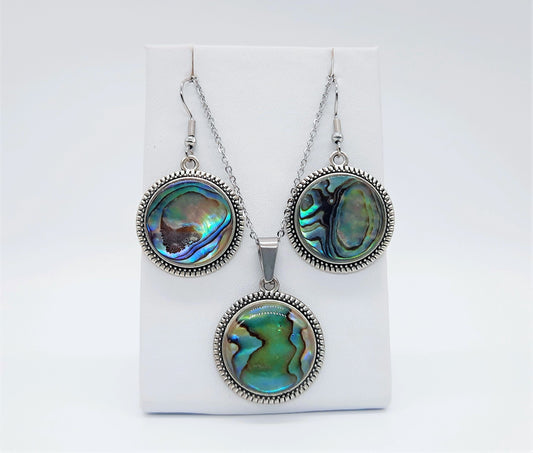 Abalone Shell / Paua Seashell Tibetan Style Pendant Necklace & Earring Set - Stainless Steel - Hypoallergenic