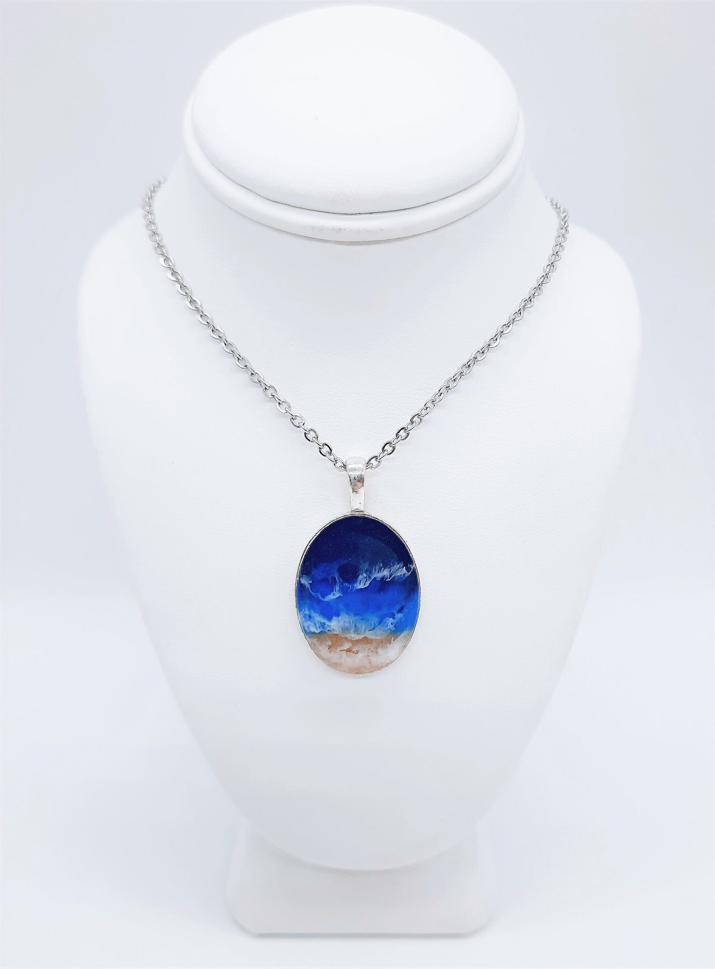 Resin Waves Large Oval Shaped Ocean Pendant / Beach Scene Necklace, Handmade Made with Resin & Real Sand - One of a Kind - Not a Photograph!