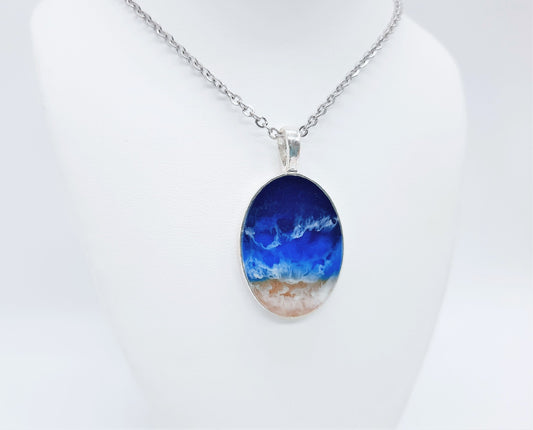 Resin Waves Large Oval Shaped Ocean Pendant / Beach Scene Necklace, Handmade Made with Resin & Real Sand - One of a Kind - Not a Photograph!