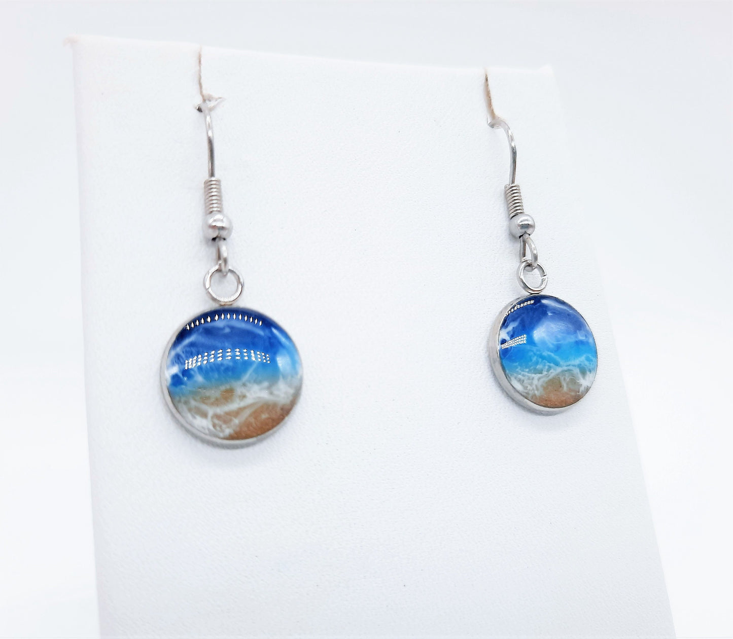 Resin Waves / Ocean Round Earrings & Necklace Set / Ocean Jewelry / Beach Scene / Made w/ Sand, Resin, Mica, Hypoallergenic Stainless Steel