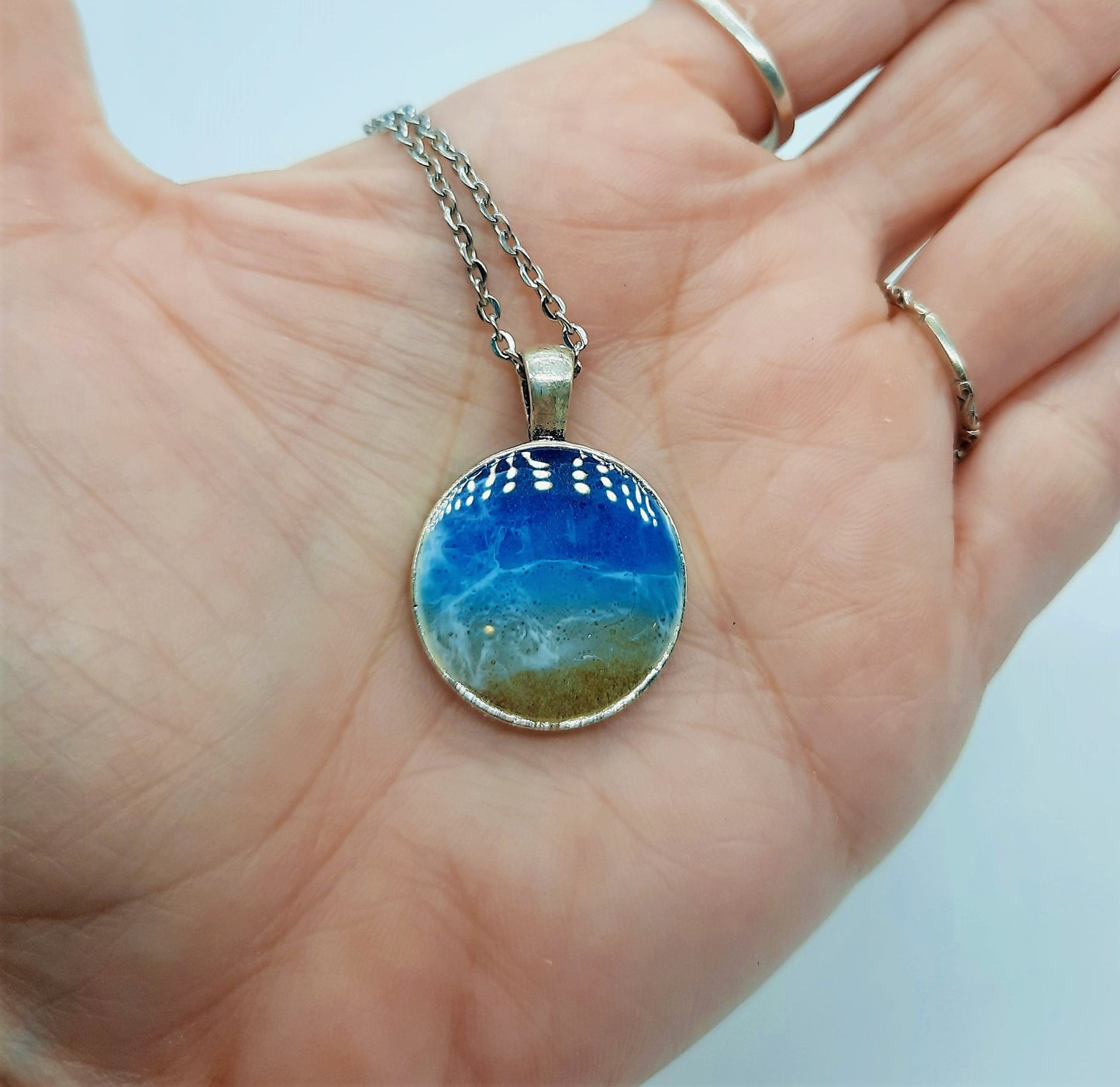 Resin Waves Medium Round Shaped Ocean Pendant / Beach Scene Necklace, Handmade with Resin & Real Sand - One of a Kind - Not a Photograph!