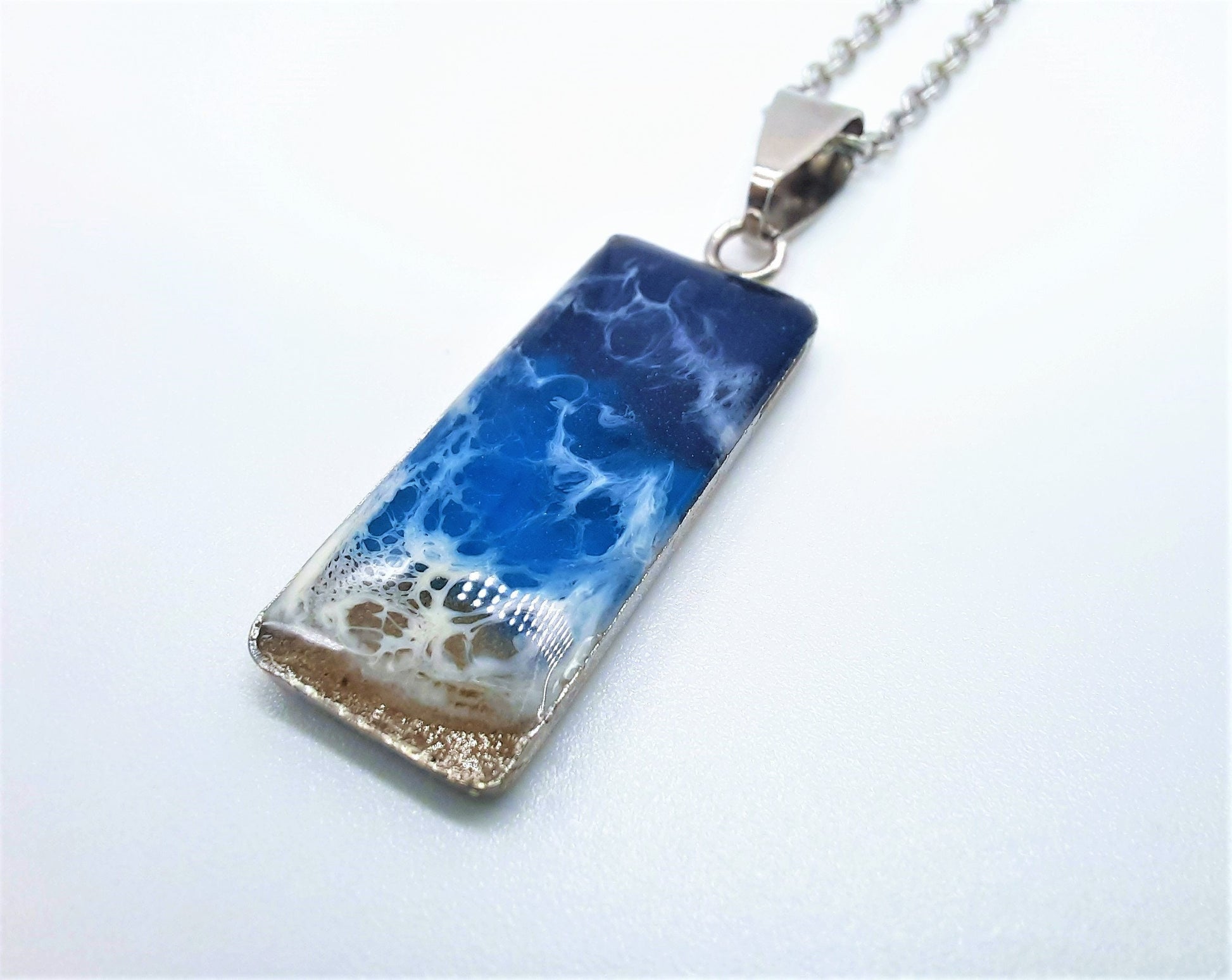 Resin Waves Rectangle Shaped Ocean Pendant / Beach Scene Necklace, Handmade Made with Resin & Real Sand - One of a Kind - Not a Photograph!