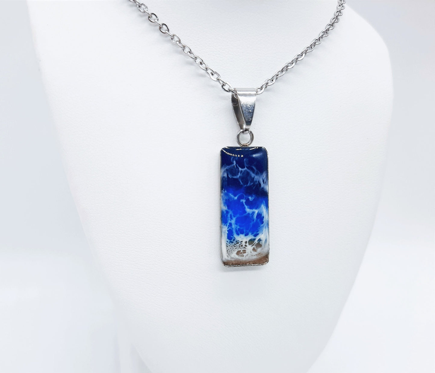 Resin Waves Rectangle Shaped Ocean Pendant / Beach Scene Necklace, Handmade Made with Resin & Real Sand - One of a Kind - Not a Photograph!