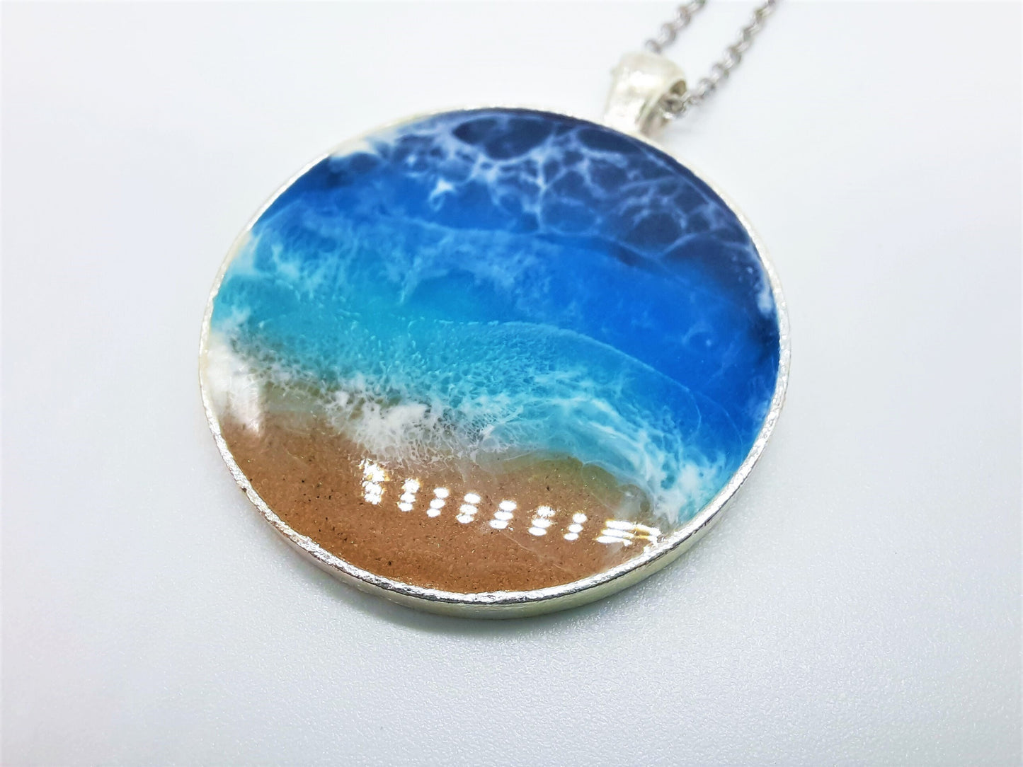 Resin Waves Extra Large Round Shaped Ocean Pendant / Beach Scene Necklace, Handmade w/ Resin & Real Sand - One of a Kind - Not a Photograph!