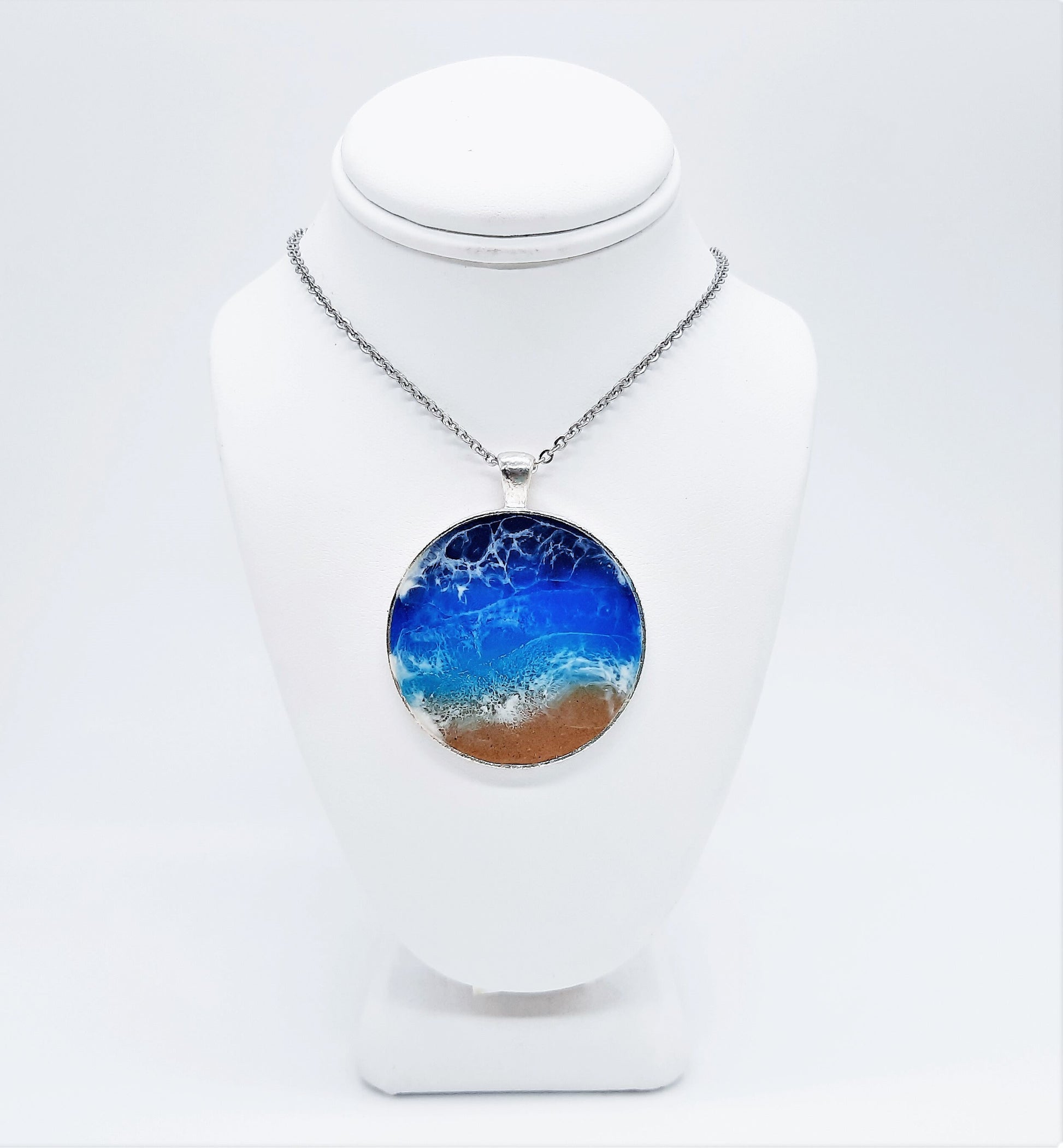 Resin Waves Extra Large Round Shaped Ocean Pendant / Beach Scene Necklace, Handmade w/ Resin & Real Sand - One of a Kind - Not a Photograph!