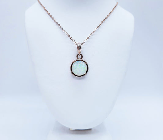 Genuine White Fire Opal 925 Sterling Silver Pendant Necklace with 10mm Cabochon Setting Covered with Holographic Powder Infused Resin
