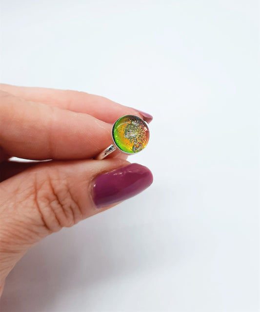 Handcrafted 925 Sterling Silver Reflective Iridescent Gold / Red / Yellow / Green Mirror Ball Ring, Sealed with Holographic Infused Resin