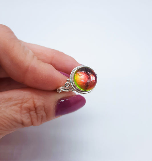 Handcrafted 925 Sterling Silver Reflective Iridescent Red / Yellow / Blue / Green Mirror Ball Ring, Domed w/ Holographic Infused Resin