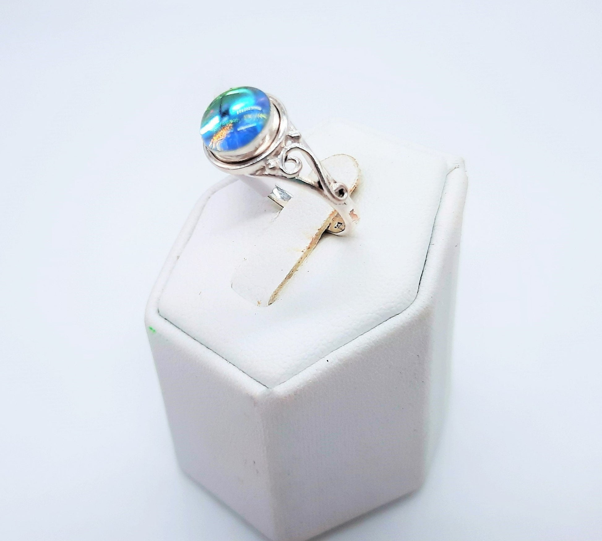 Handcrafted 925 Sterling Silver Reflective Iridescent Rainbow/ Pink / Blue / Green Mirror Ball Ring, Domed w/ Holographic Infused Resin