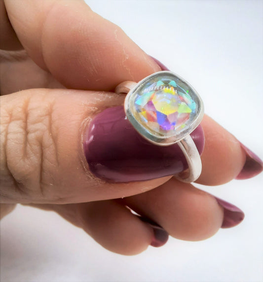 Handcrafted / Handmade Square Design 925 Sterling Silver Iridescent Multifaceted Aurora Borealis Ring, Domed w/ Holographic Infused Resin