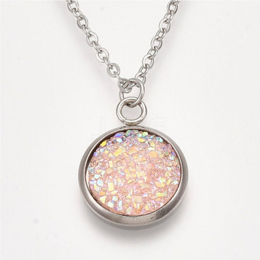Handcrafted / Handmade Iridescent Druzy Stone Pendant Necklace / Made with Hypoallergenic Stainless Steel Findings and 16" Chain
