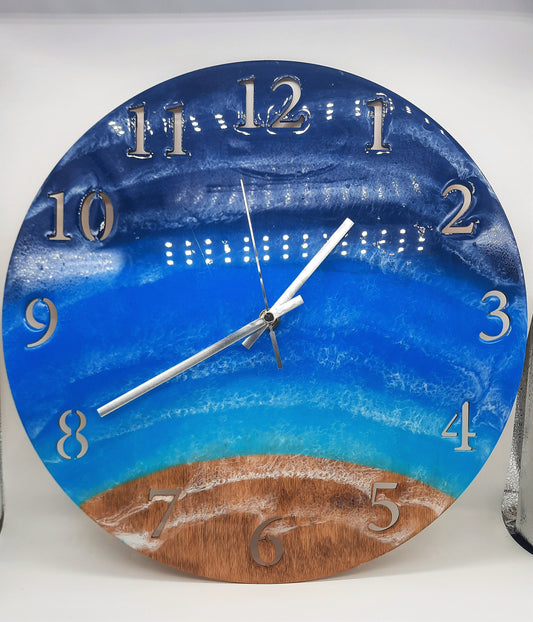 Wall Clock - Handpainted/Handpoured Eco-Friendly Epoxy Resin Seascape Coastal Ocean Beach Scene, Painted on a 14" Wood