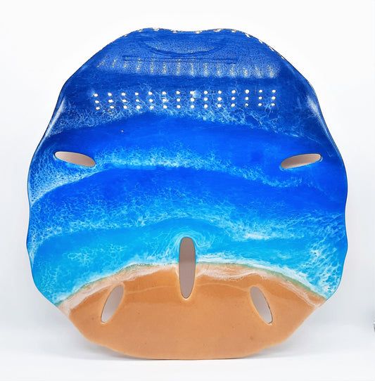 12" Handpainted Eco-Friendly Resin Seascape Beach Scene Sand Dollar, Shades of Blue, Painted on Wooden Cutout, With or Without Real Sand