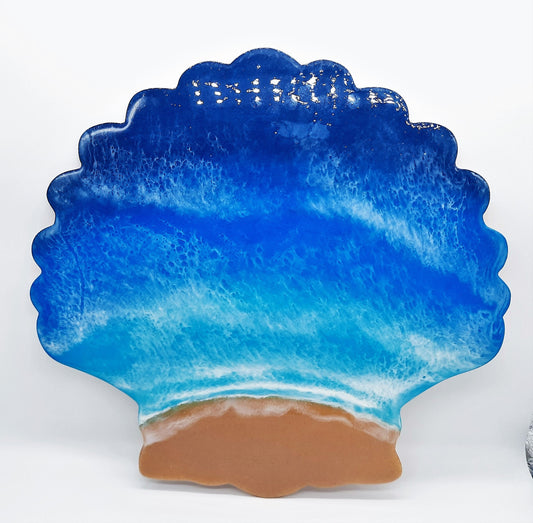 12" Handpainted Eco-Friendly Resin Seascape Beach Scene Scallop Shell, Shades of Blue, Painted on Wooden Cutout, With or Without Real Sand