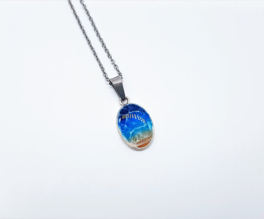 Resin Waves Small Oval Shaped Ocean Pendant / Beach Scene Necklace, Handmade Made with Resin & Real Sand - One of a Kind - Not a Photograph!