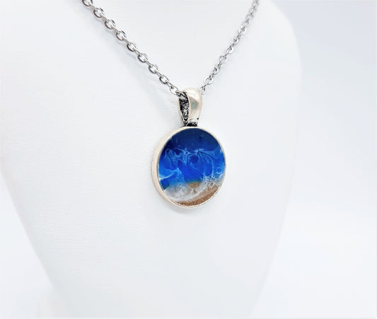 Resin Waves Small Round Shaped Ocean Pendant / Beach Scene Necklace, Handmade with Resin & Real Sand - One of a Kind - Not a Photograph!
