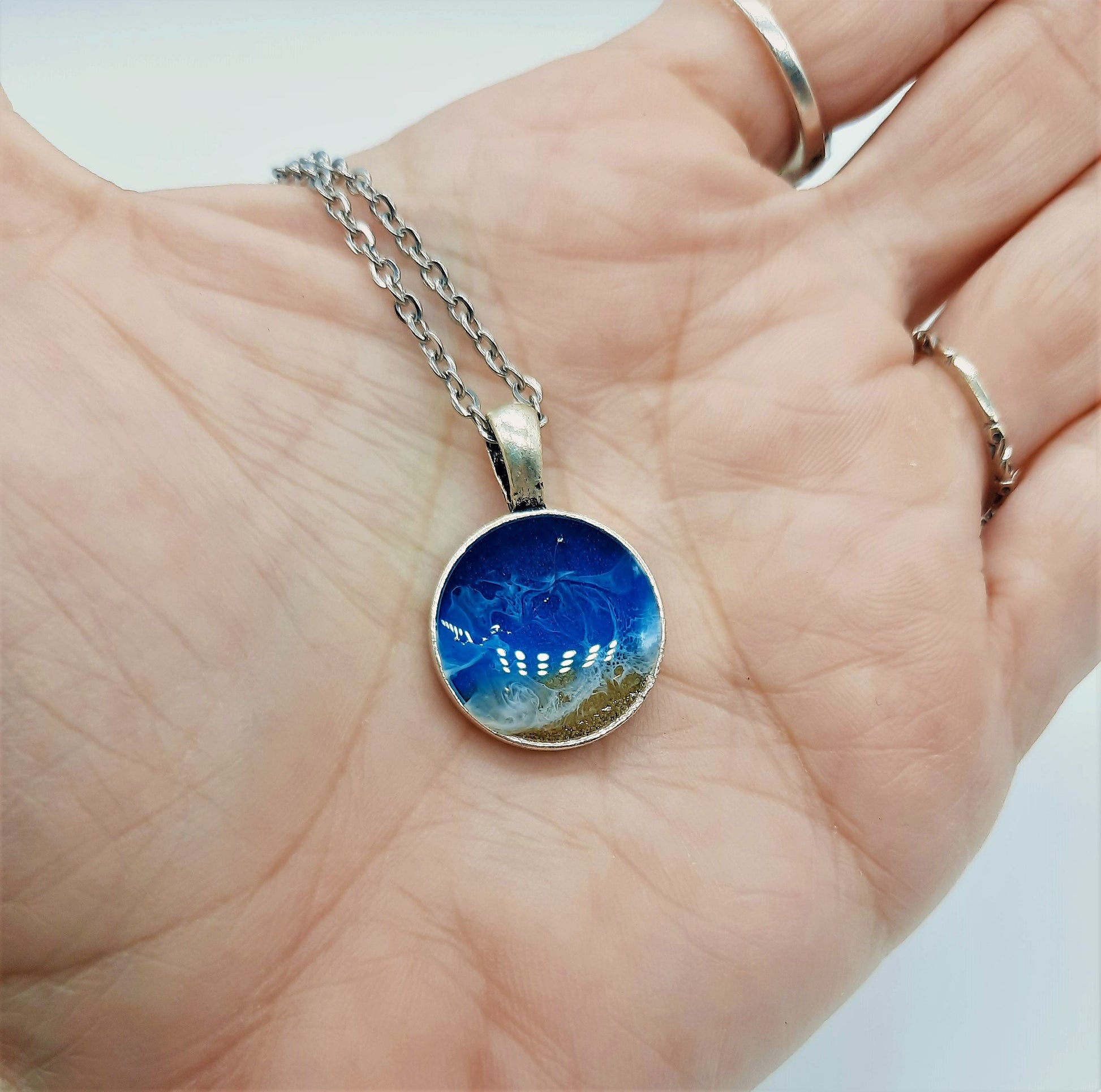 Resin Waves Small Round Shaped Ocean Pendant / Beach Scene Necklace, Handmade with Resin & Real Sand - One of a Kind - Not a Photograph!