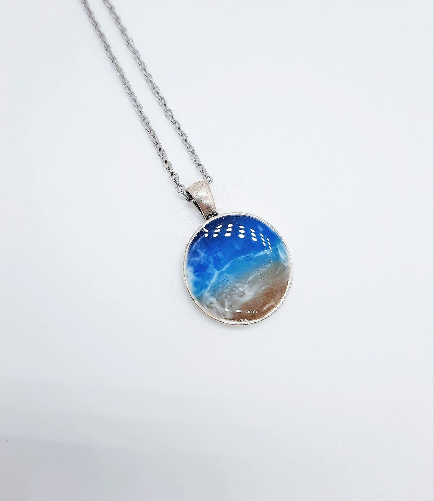 Resin Waves Medium Round Shaped Ocean Pendant / Beach Scene Necklace, Handmade with Resin & Real Sand - One of a Kind - Not a Photograph!