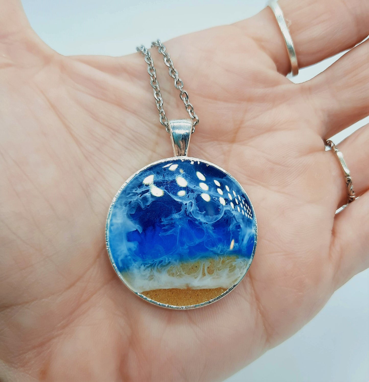 Resin Waves Large Round Shaped Ocean Pendant / Beach Scene Necklace, Handmade with Resin & Real Sand - One of a Kind - Not a Photograph!
