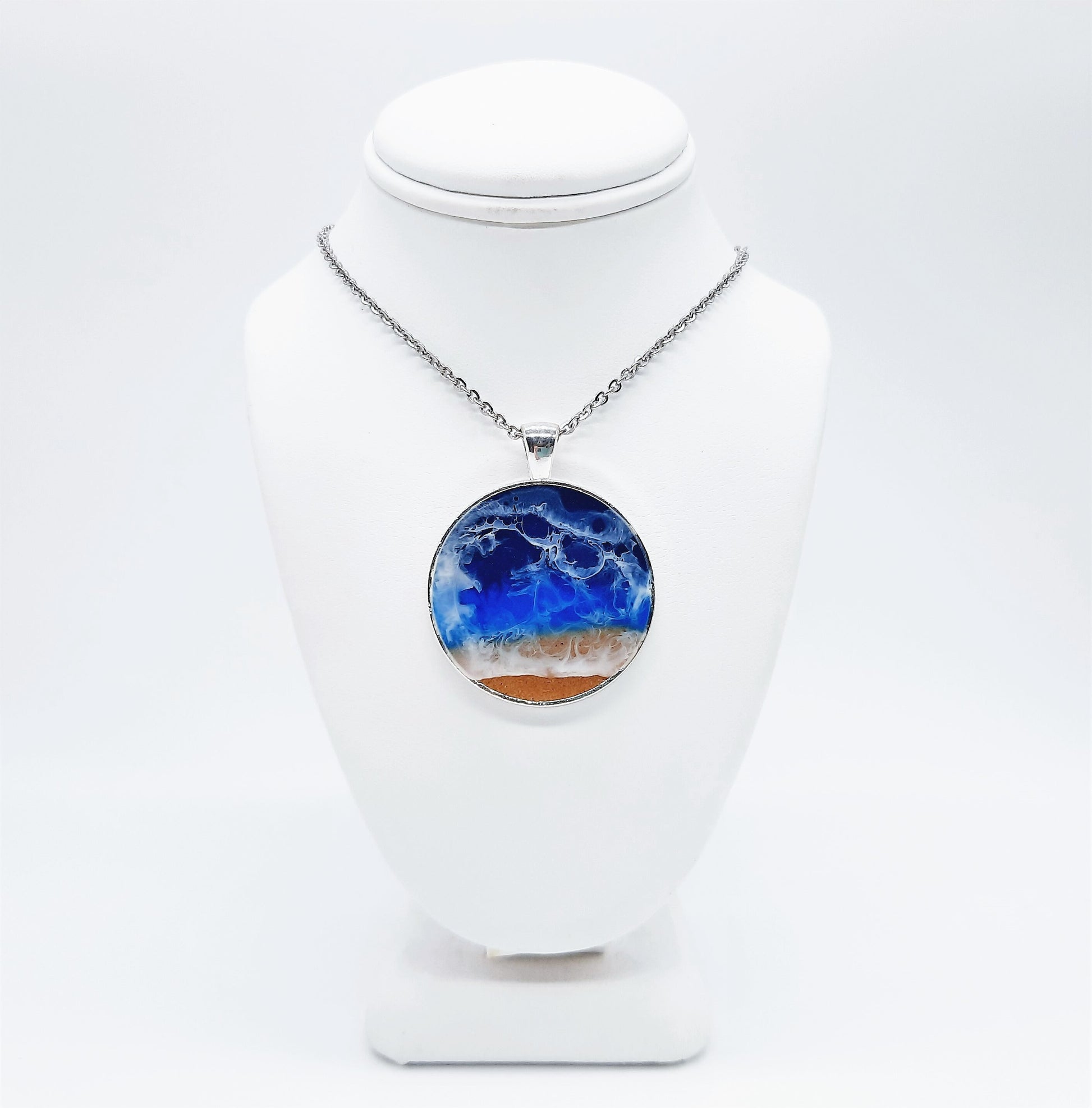 Resin Waves Large Round Shaped Ocean Pendant / Beach Scene Necklace, Handmade with Resin & Real Sand - One of a Kind - Not a Photograph!